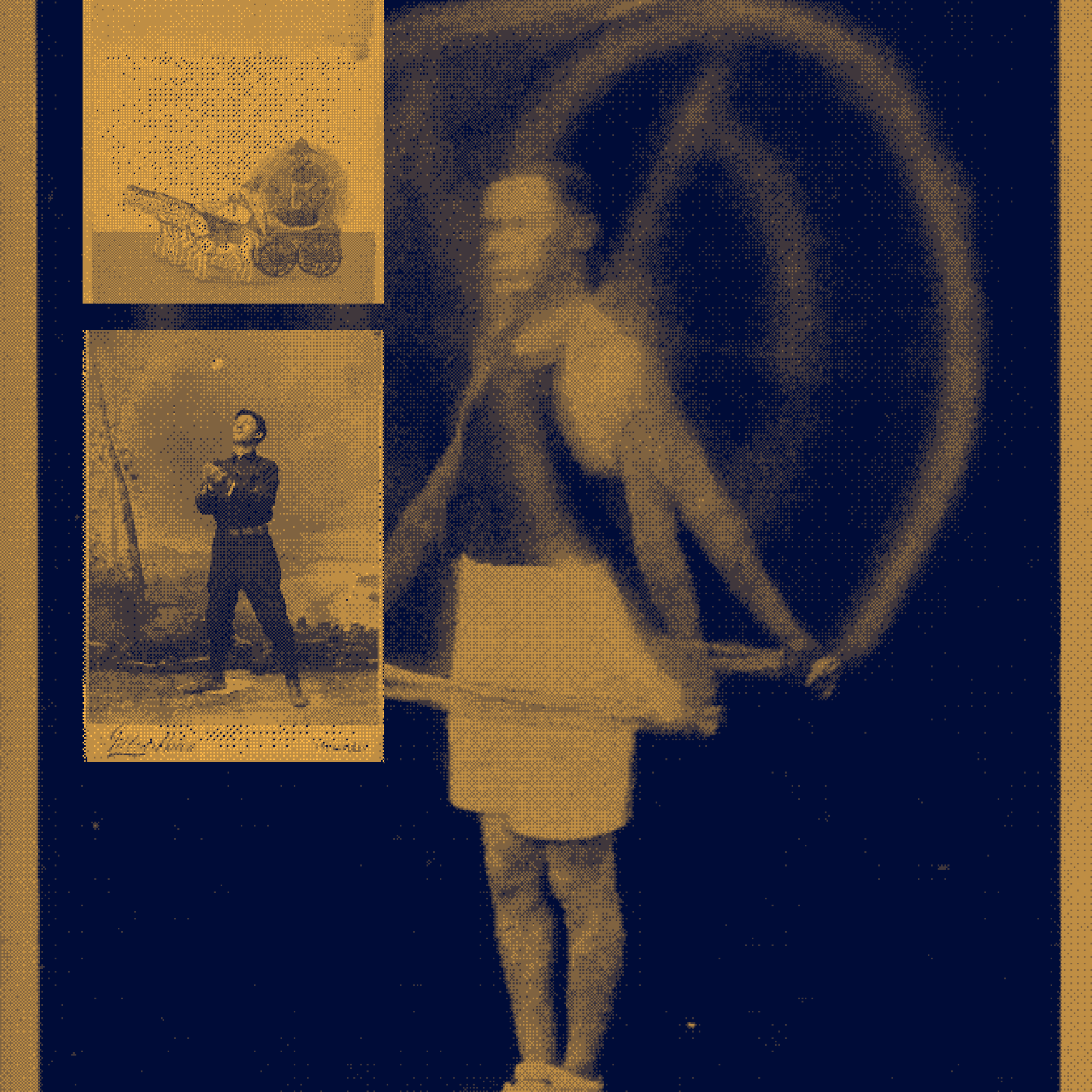 halftone print of a performer spinning a large hoop, in navy and gold, beside two archival photographs — a chariot and a juggler